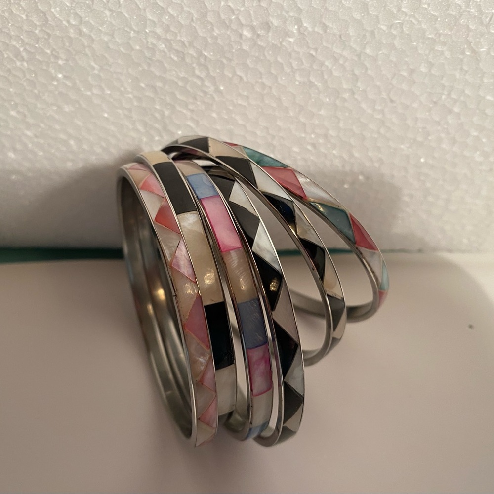 Vintage Silver with Mother of Pearl Mix Bangles